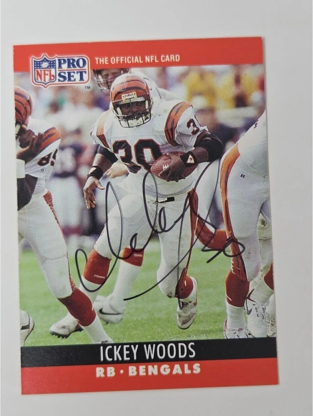 1990 Pro Set Ickey Woods Bengals Signed Running Back Football Card Auto